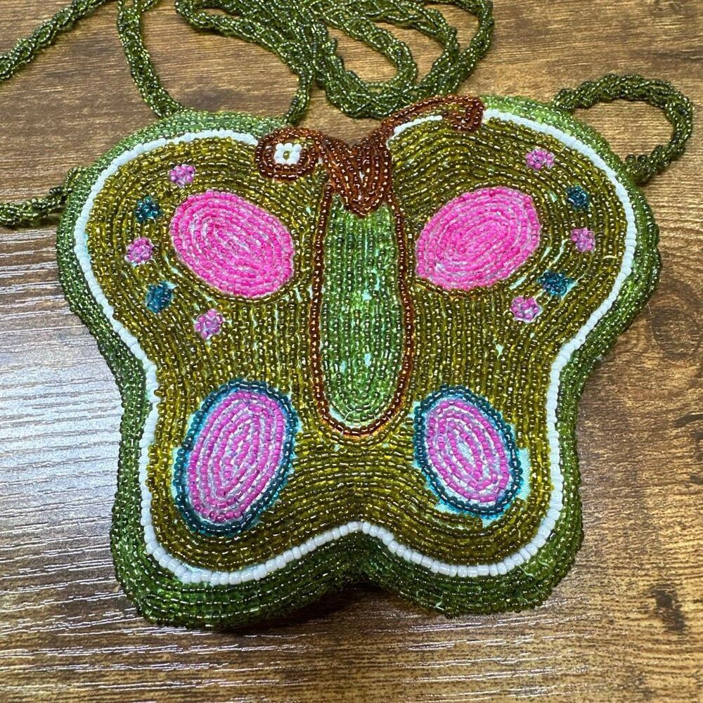 Vintage Beaded Butterfly COIN CLUTCH‎ PURSE HandBag 6.5" Crossbody